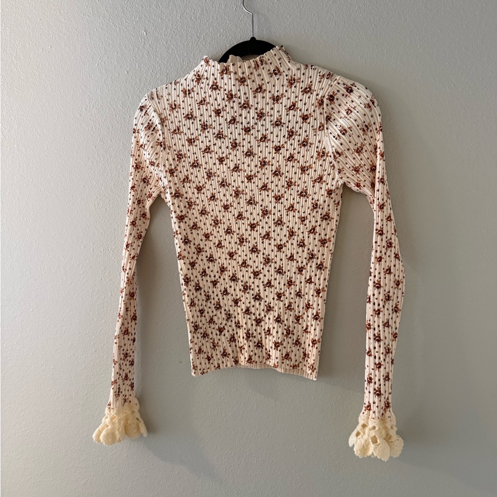 SEA NEW YORK - Women’s Cream Floral Ribbed Long-Sleeve Top - Size Medium
